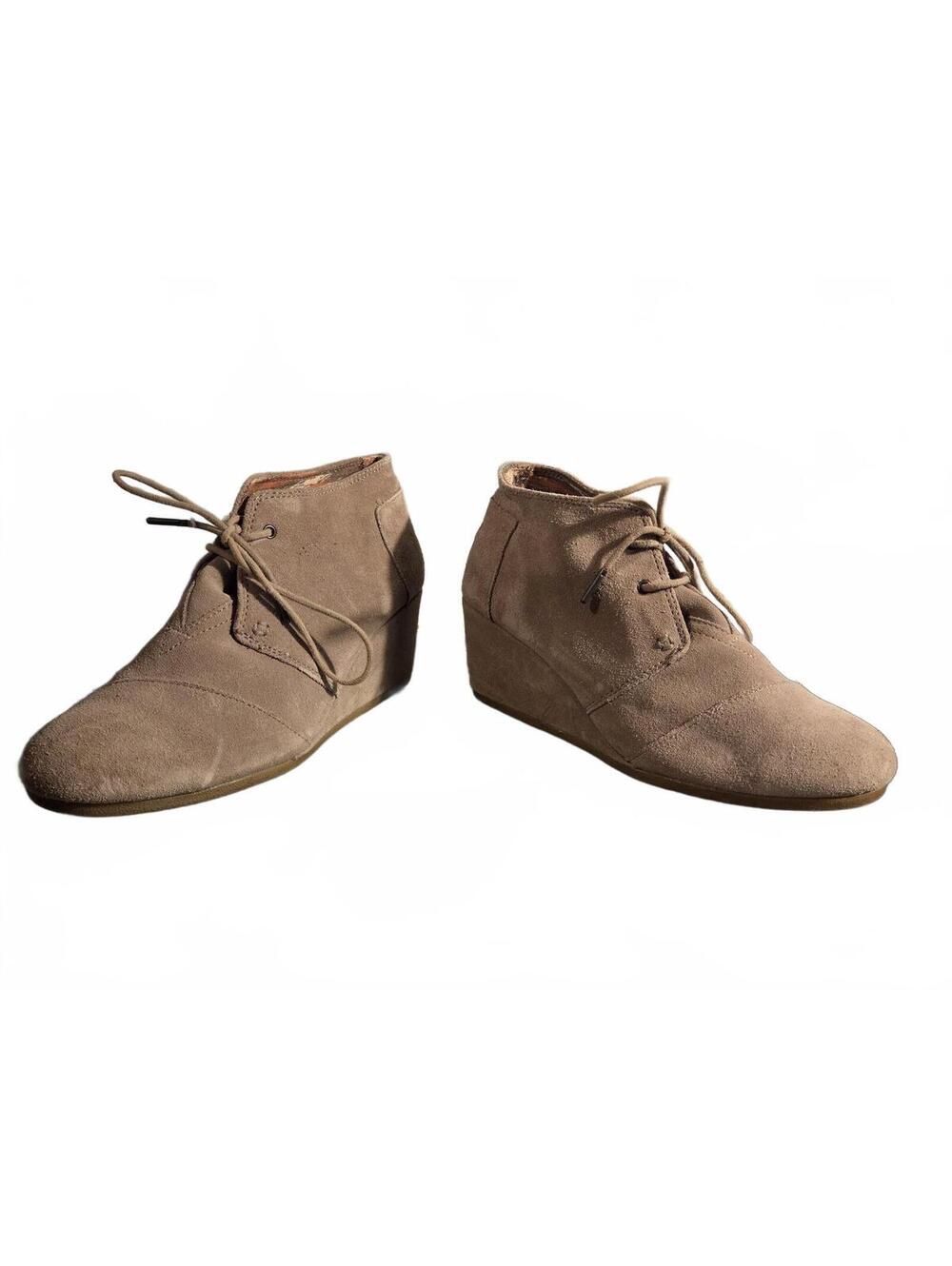 TOMS Desert Wedge Taupe Suede Lace Up Ankle Booties | Womens Size 11 Hidden Heel
